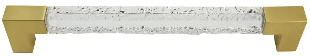 Modern drawer handle with square-shaped, gold-finished ends and a clear acrylic grip