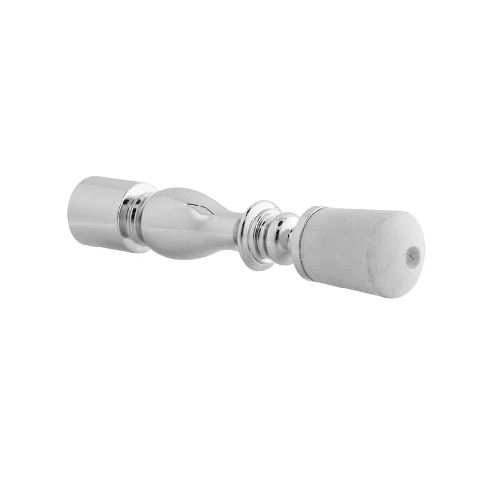 A silver door stopper with white accents
