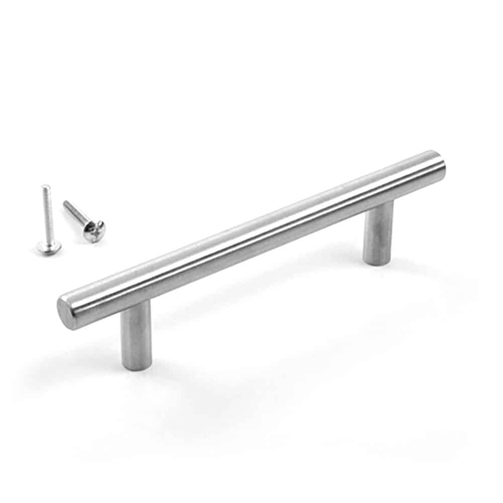 A silver cabinet handle with screws