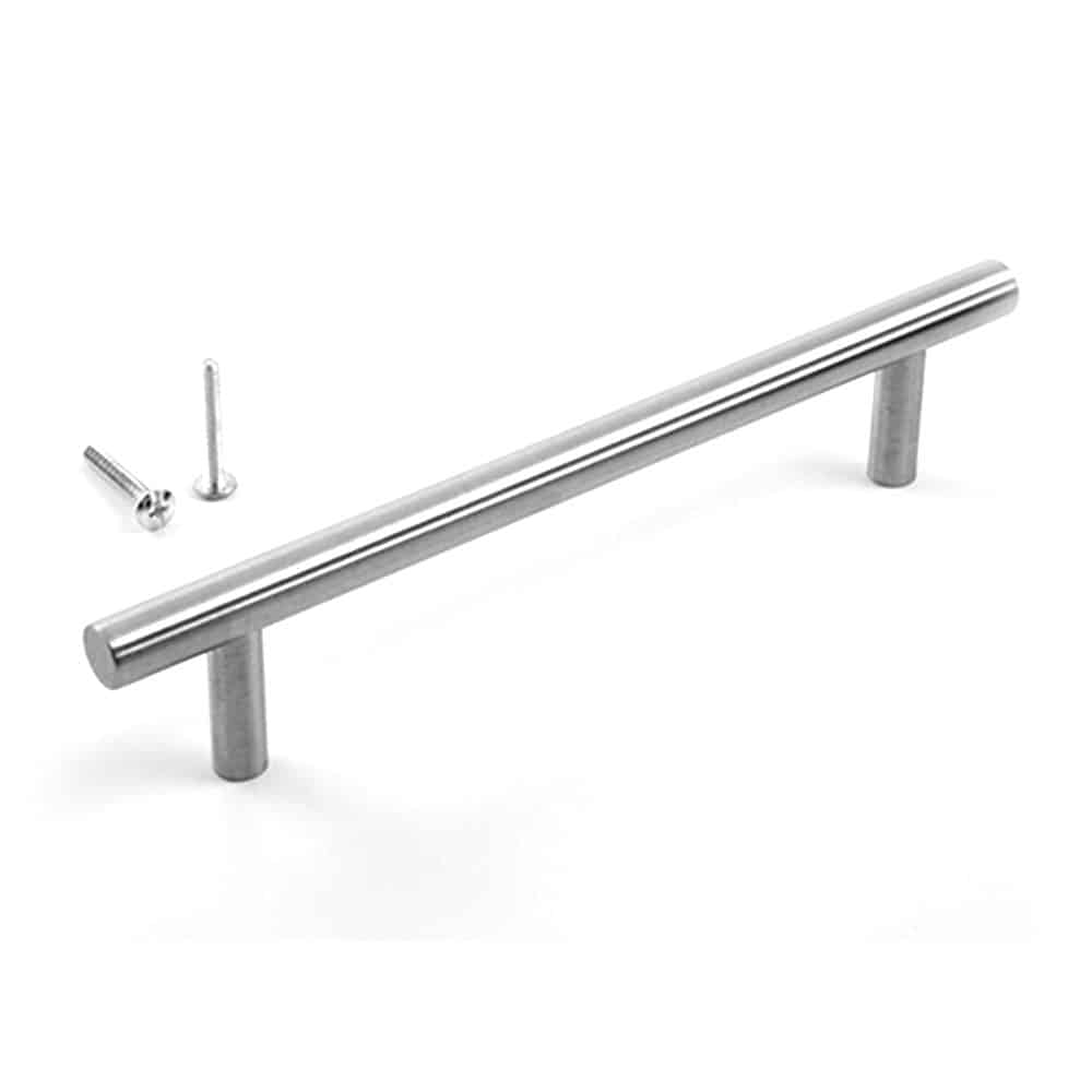 Long silver door handle with screws