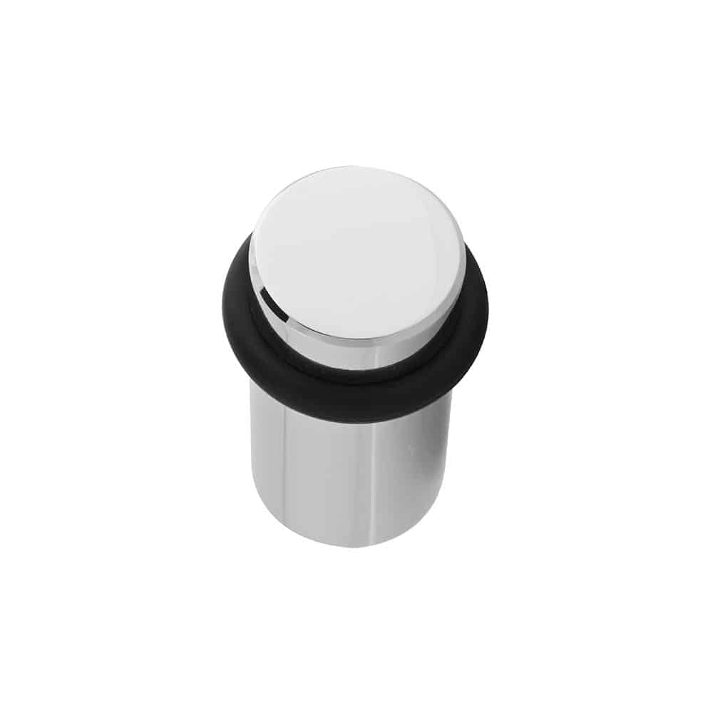 A chrome door stopper with a black rubber ring.