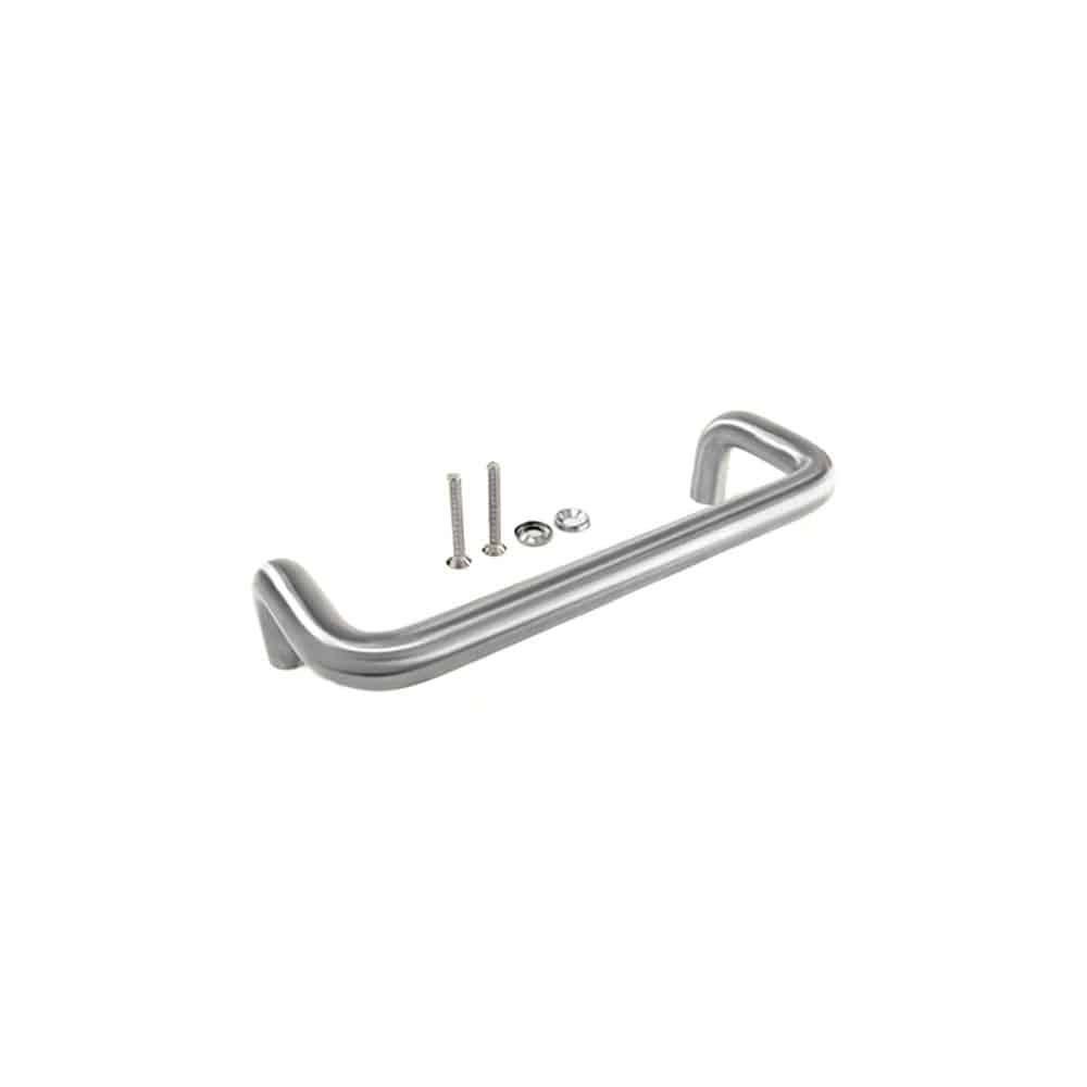 Bathroom door handle with smooth curves and shiny finish
