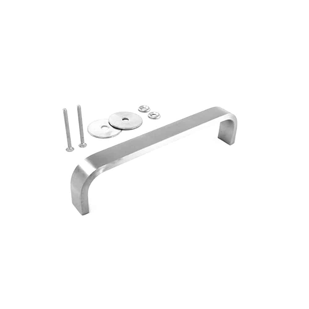 Silver handlebar with mounting screws, showcasing modern design and functionality.