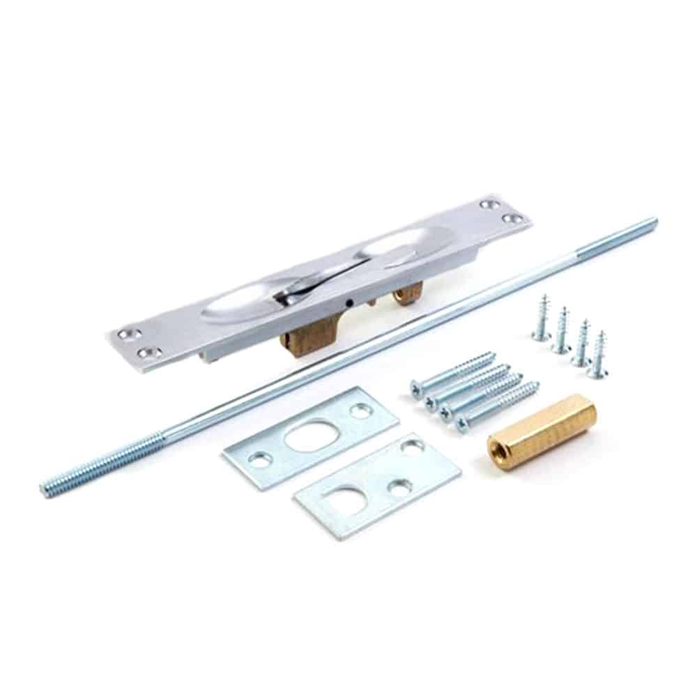 Silver door bolt set with screws, metal plates, and a golden cylinder