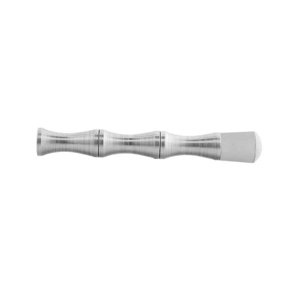 Silver metal door stopper with a textured grip and a white end cap