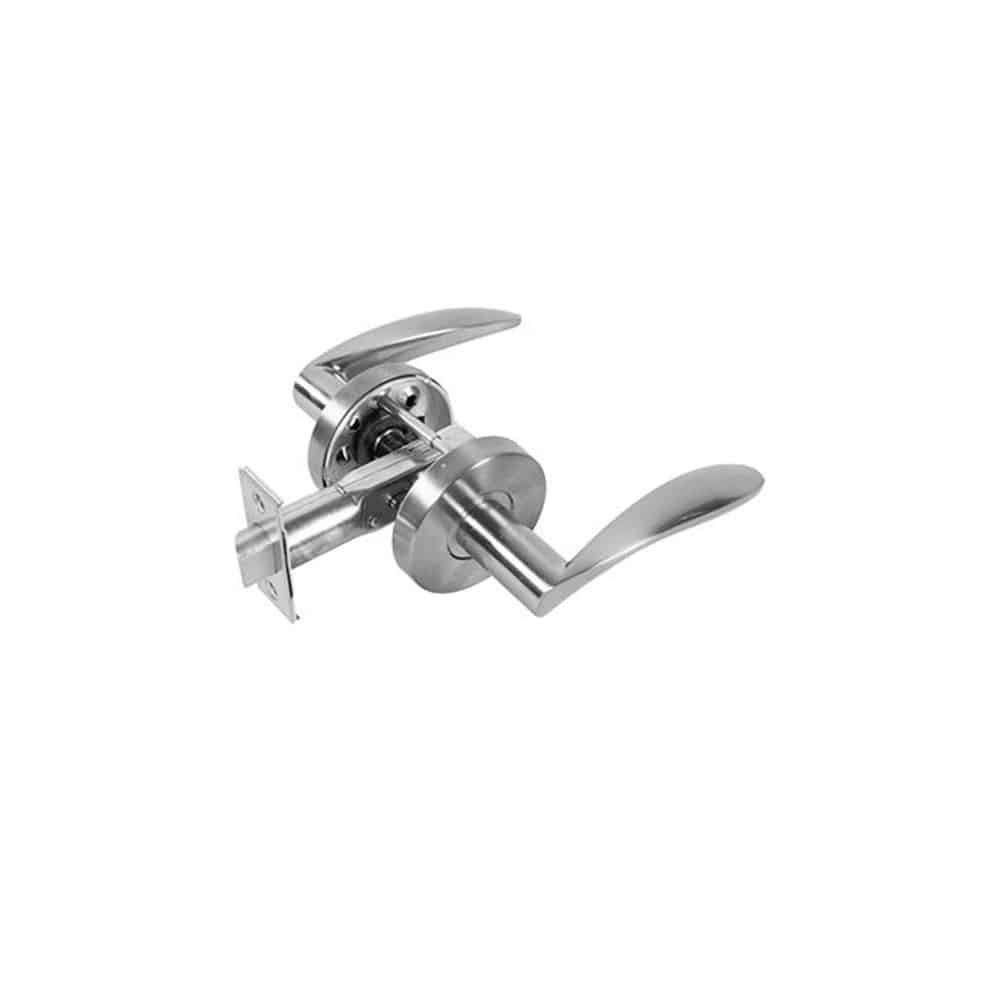 Modern silver door handle and lock set with a metallic finish and smooth curve