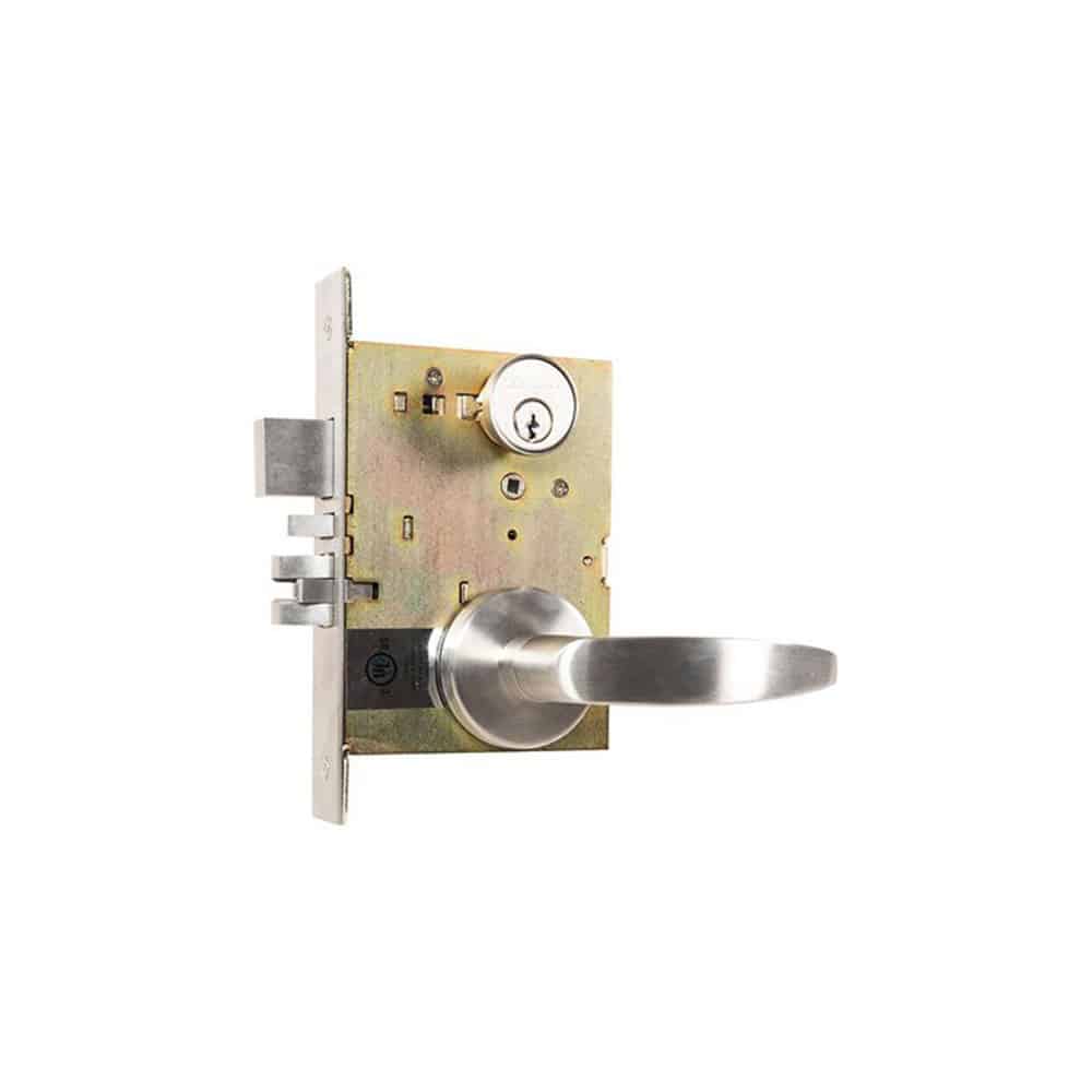 A modern silver door handle and lock set.