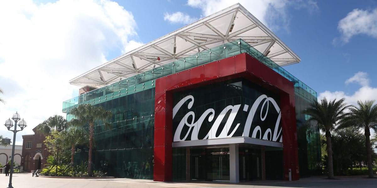 Wide view of the Coca Cola store at Disney Springs Fla, showcasing exquisite custom door handles