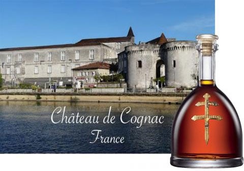 Bottle of D’USSE cognac bottle with double cross logo