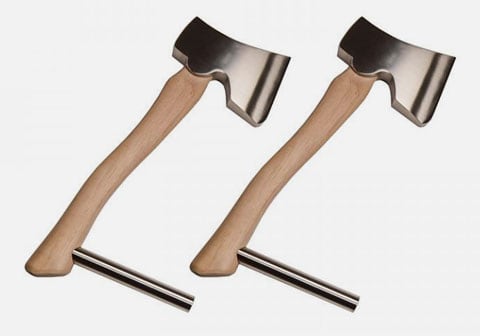 Closeup of two axe shaped door handles